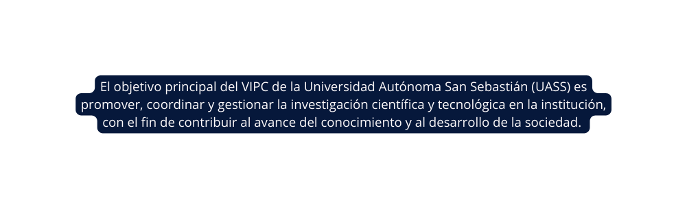 El objetivo principal del VIPC de la Universidad Autónoma San Sebastián UASS es promover coordinar y gestionar la investigación científica y tecnológica en la institución con el fin de contribuir al avance del conocimiento y al desarrollo de la sociedad